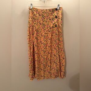 Yellow Floral Midi Skirt – Button Detail